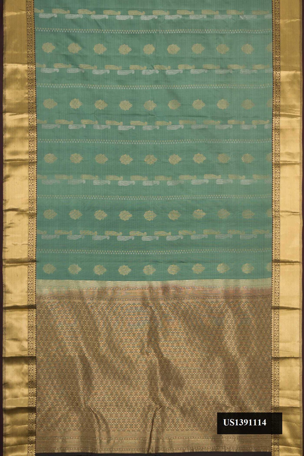 Green Dual Tone Kanchipuram Silk Saree with Stripes on the body and Zari Border.  displayed on a mannequin
