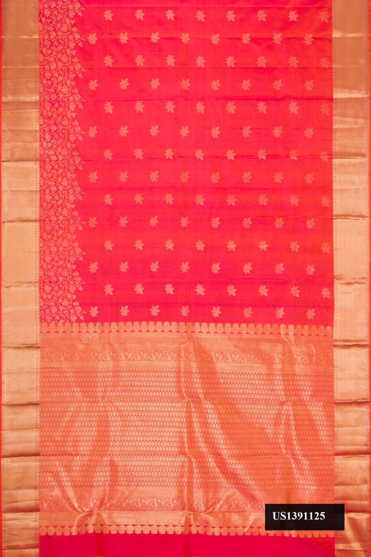 Coral Dual Tone Kanchipuram Silk Saree with Zari Butta on the body and Zari Border.  displayed on a mannequin