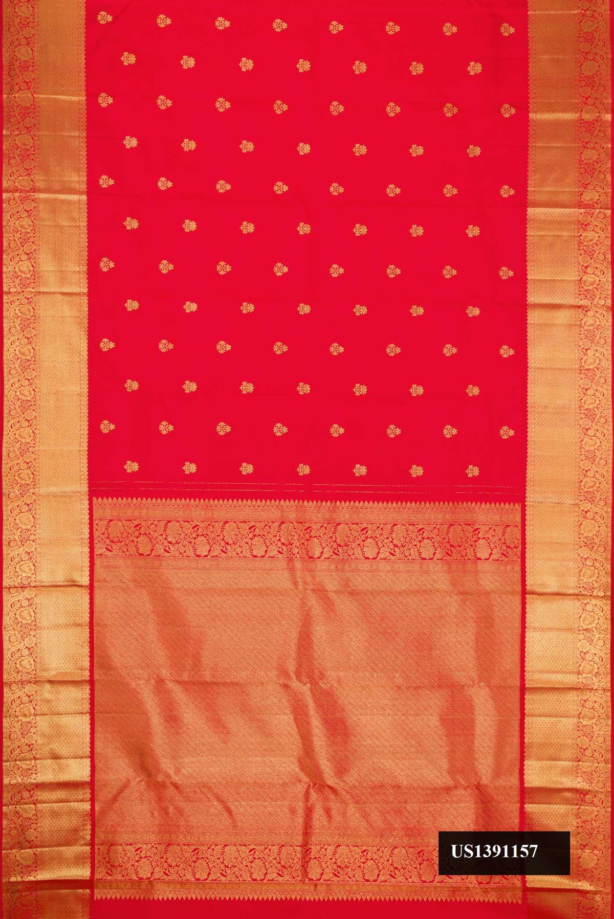 Red Dual Tone Kanchipuram Silk Saree with Zari Butta on the body and Zari Border.  displayed on a mannequin