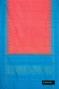 Orange Dual Tone Kanchipuram Silk Saree with Plain Body and Temple Border.  displayed on a mannequin