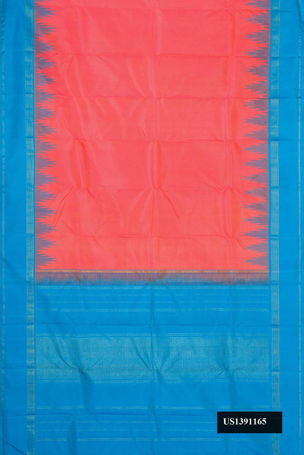 Orange Dual Tone Kanchipuram Silk Saree with Plain Body and Temple Border.  displayed on a mannequin