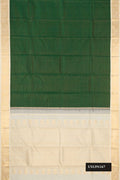 Bottle Green Dual Tone Kanchipuram Silk Saree with Stripes on the body and Zari Border.  displayed on a mannequin