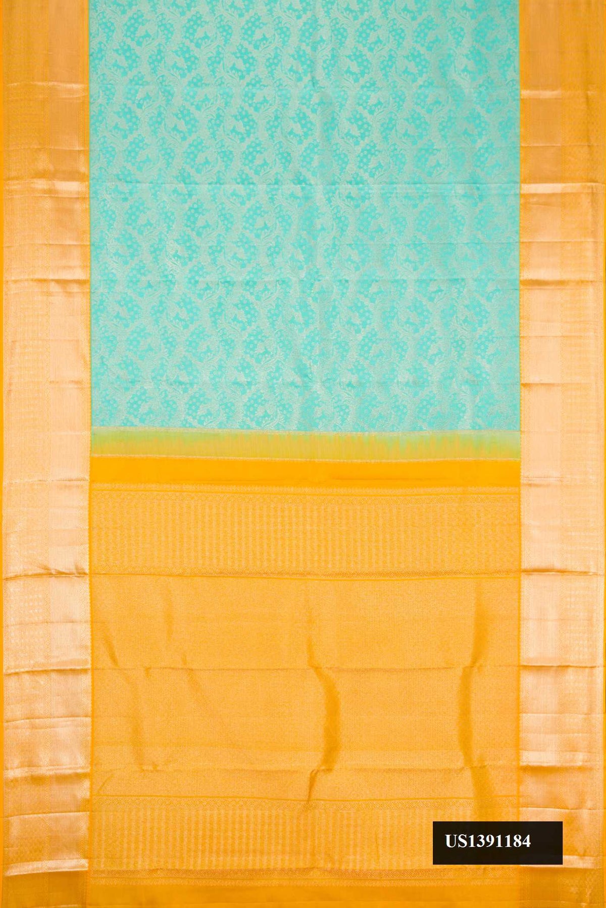 Sea Green Dual Tone Kanchipuram Silk Saree with Zari Brocade on the body and Zari Border.  displayed on a mannequin