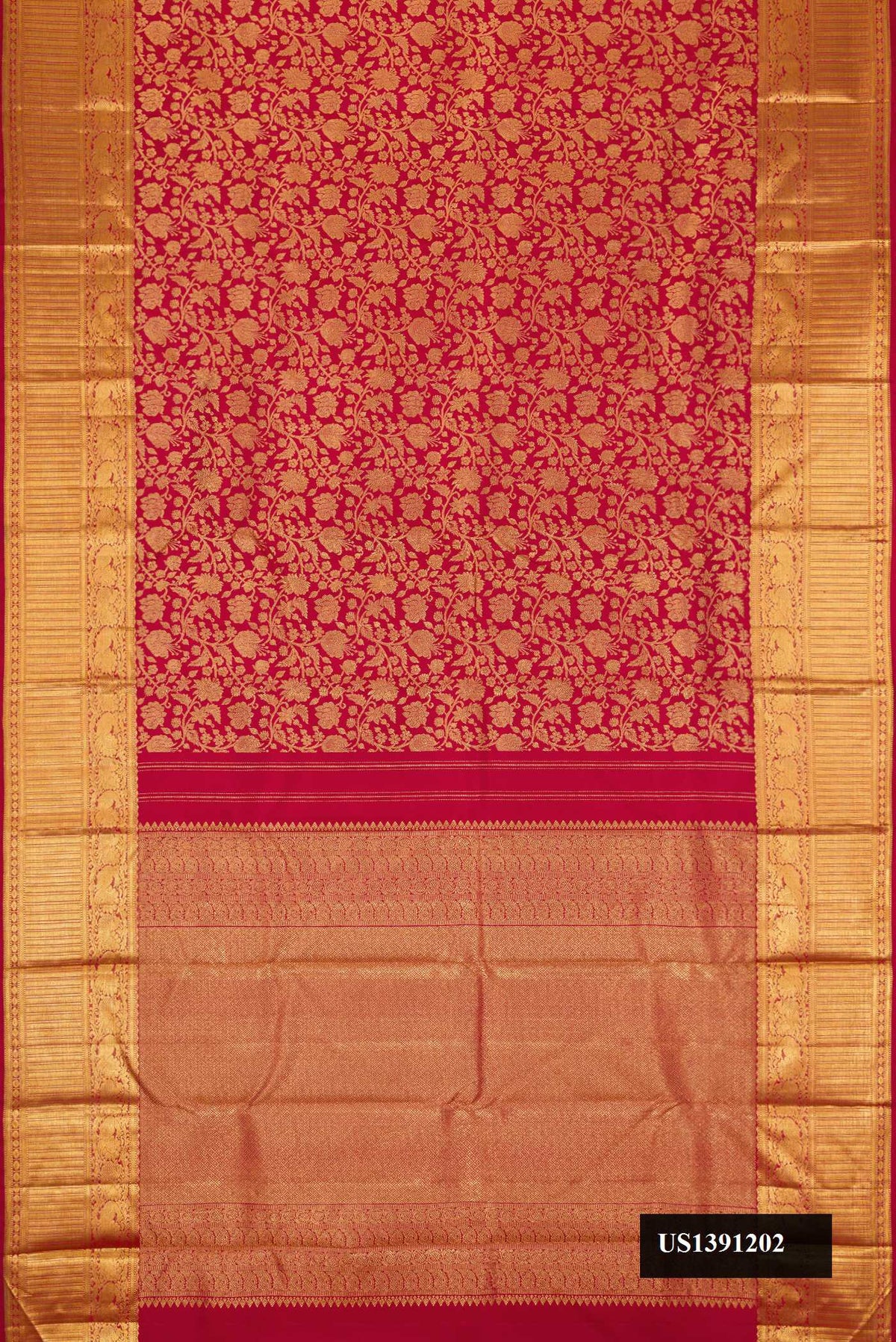 Maroon Dual Tone Kanchipuram Silk Saree with Zari Brocade on the body and Zari Border.  displayed on a mannequin