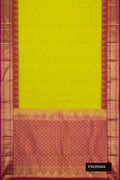 Parrot Green Dual Tone Kanchipuram Silk Saree with Zari Butta on the body and Zari Border.  displayed on a mannequin