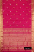 Dark Pink Dual Tone Kanchipuram Silk Saree with Zari Butta on the body and Zari Border.  displayed on a mannequin