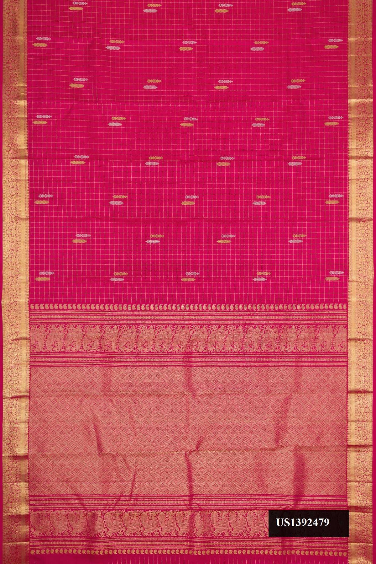 Dark Pink Dual Tone Kanchipuram Silk Saree with Zari Butta on the body and Zari Border.  displayed on a mannequin