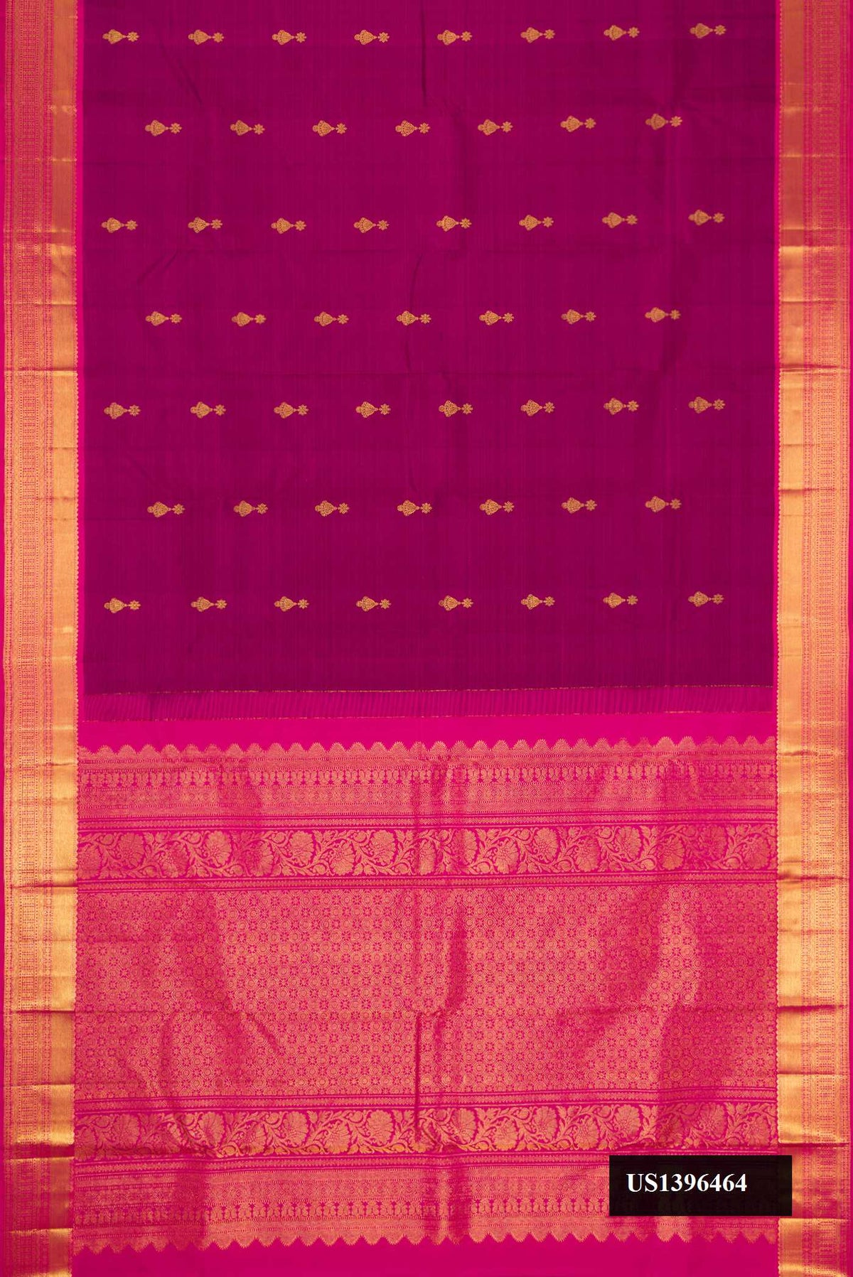 Purple Dual Tone Kanchipuram Silk Saree with Zari Butta on the body and Zari Border.  displayed on a mannequin