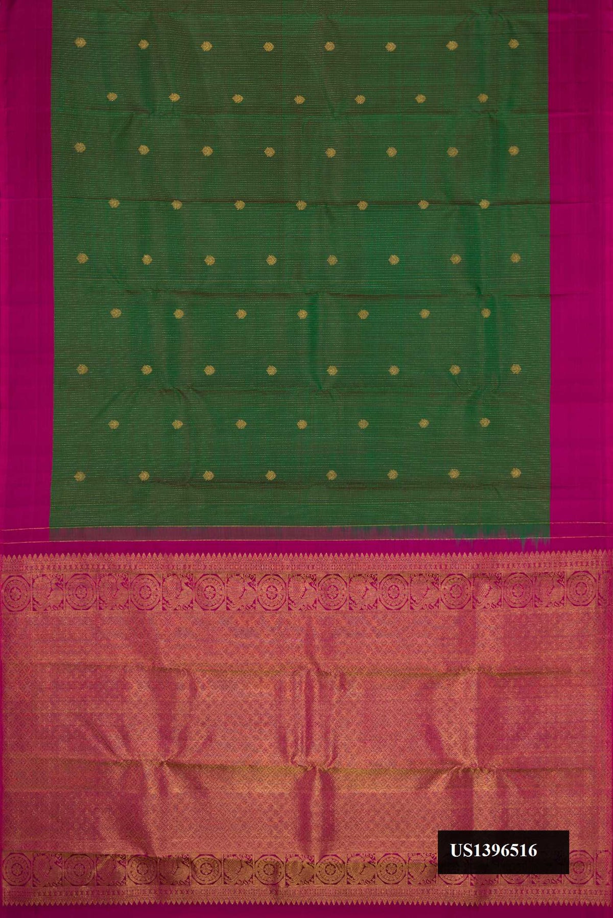 Green Dual Tone Kanchipuram Silk Saree with Zari Butta on the body and Plain Border.  displayed on a mannequin