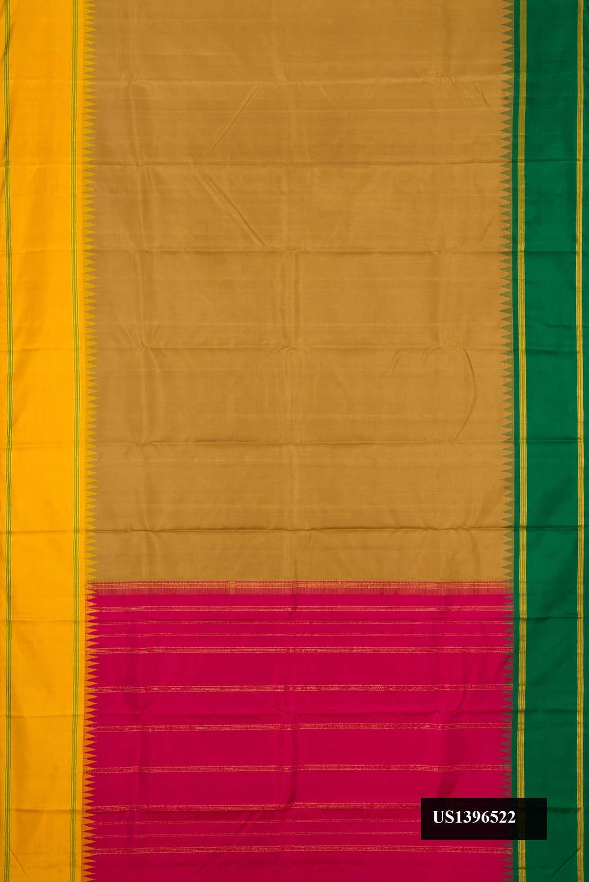Dark Beige Dual Tone Kanchipuram Silk Saree with Plain Body and Ganga Jamuna Border.  displayed on a mannequin