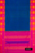 Peacock Blue Dual Tone Kanchipuram Silk Saree with Plain Body and Checks Border.  displayed on a mannequin