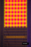 Pink and Yellow Dual Tone Kanchipuram Silk Saree with Checked design on the body and Zari Border.  displayed on a mannequin