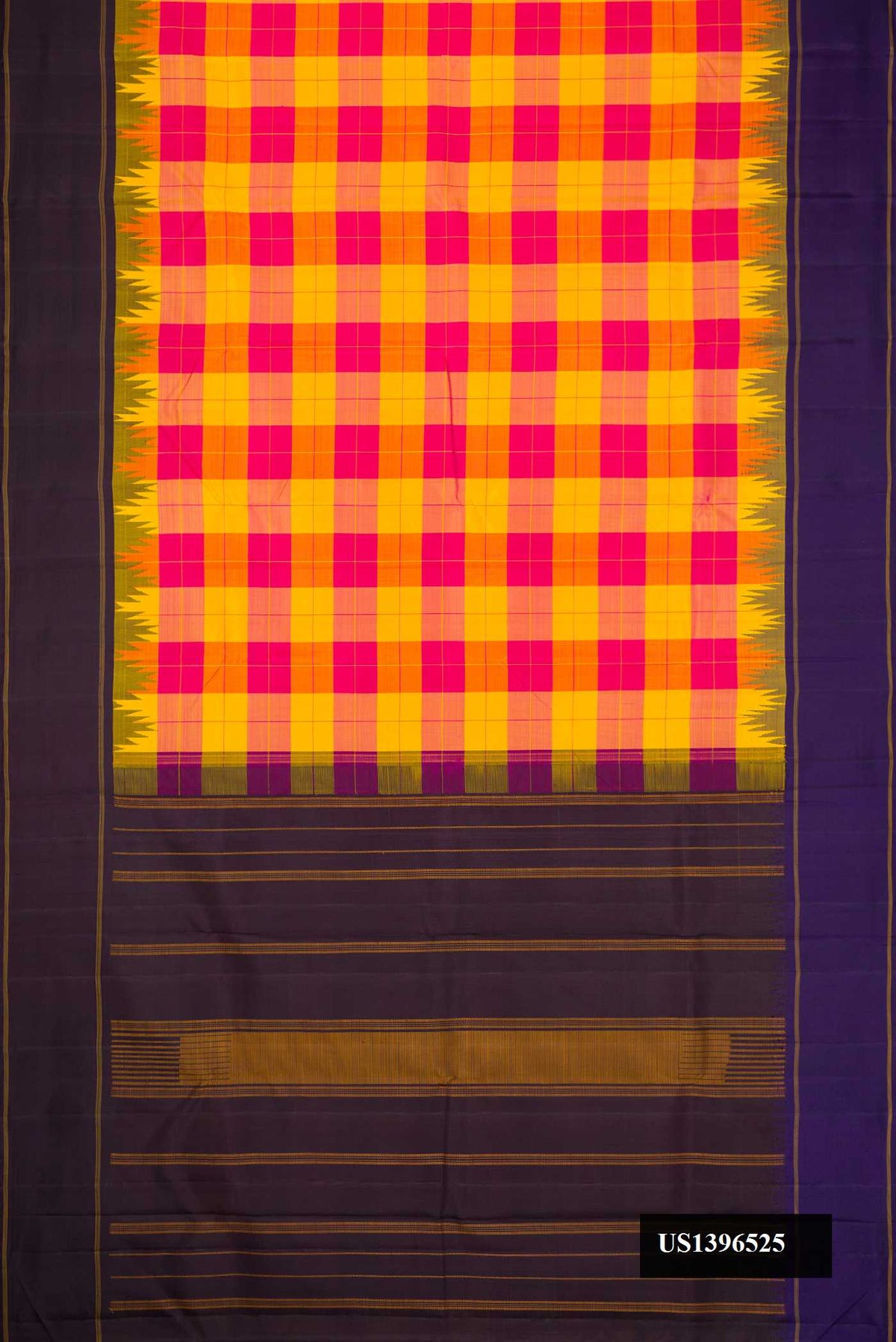 Pink and Yellow Dual Tone Kanchipuram Silk Saree with Checked design on the body and Zari Border.  displayed on a mannequin
