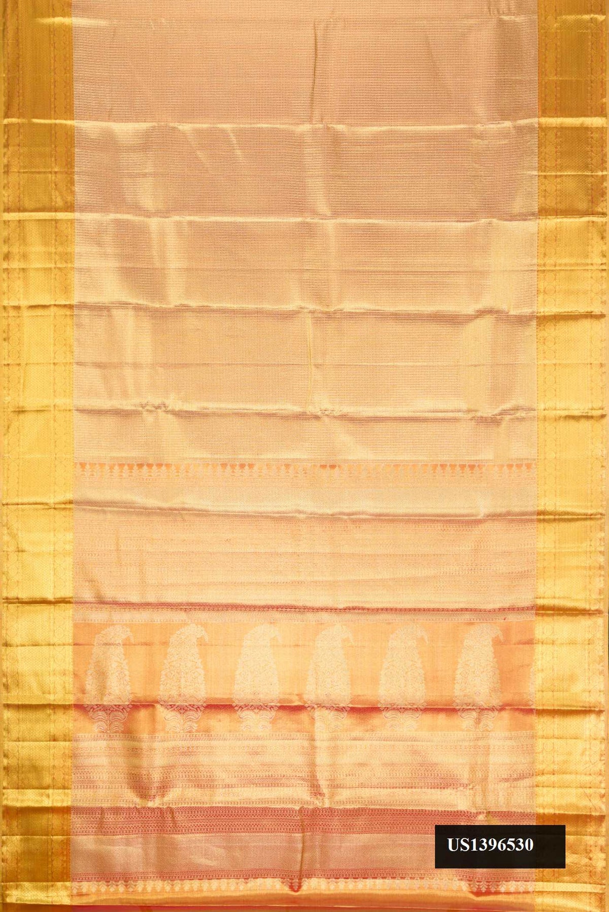 Gold Dual Tone Kanchipuram Tissue Silk Saree with Zari Brocade on the body and Zari Border.  displayed on a mannequin