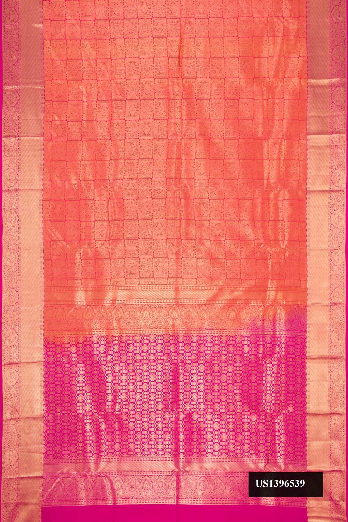 Orange Dual Tone Kanchipuram Silk Saree with Zari Brocade on the body and Zari Border.  displayed on a mannequin