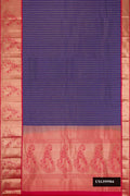 Navy Blue Dual Tone Kanchipuram Silk Saree with Zari Butta on the body and Zari Border.  displayed on a mannequin