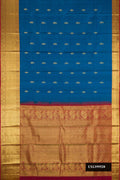Peacock Blue Dual Tone Kanchipuram Silk Saree with Zari Butta on the body and Zari Border.  displayed on a mannequin