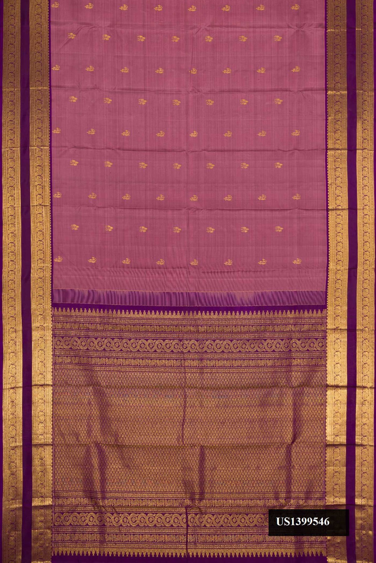 Rose Gold Dual Tone Kanchipuram Silk Saree with Zari Butta on the body and Zari Border.  displayed on a mannequin