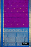 Purple Dual Tone Kanchipuram Silk Saree with Stripes on the body and Zari Border.  displayed on a mannequin