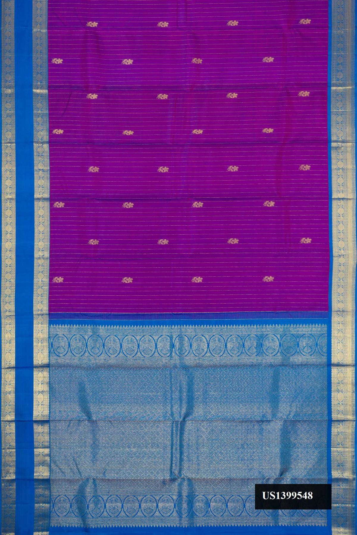 Purple Dual Tone Kanchipuram Silk Saree with Stripes on the body and Zari Border.  displayed on a mannequin