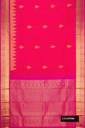 Coral Dual Tone Kanchipuram Silk Saree with Zari Butta on the body and Zari Border.  displayed on a mannequin
