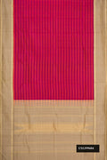 Orange and Magenta Dual Tone Kanchipuram Silk Saree with Stripes on the body and Zari Border.  displayed on a mannequin