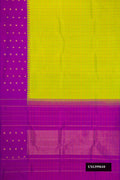 Parrot Green Dual Tone Kanchipuram Silk Saree with Checked design on the body and Fancy Border.  displayed on a mannequin