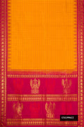 Mustard Dual Tone Kanchipuram Silk Saree with Checked design on the body and Fancy Border.  displayed on a mannequin