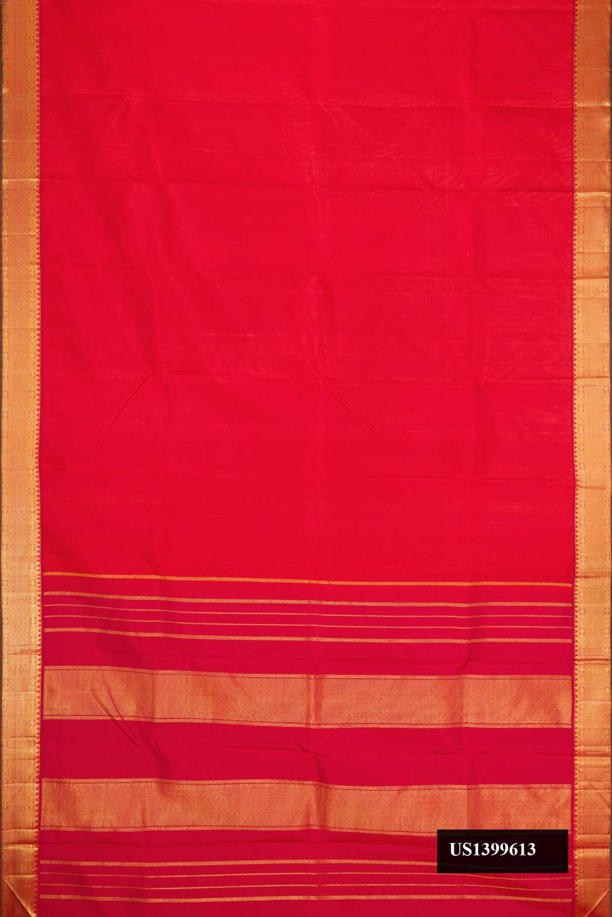 Red Dual Tone Kanchipuram Silk Saree with Zari Butta on the body and Zari Border.  displayed on a mannequin