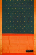 Bottle Green Dual Tone Kanchipuram Silk Saree with Zari Butta on the body and Zari Border.  displayed on a mannequin