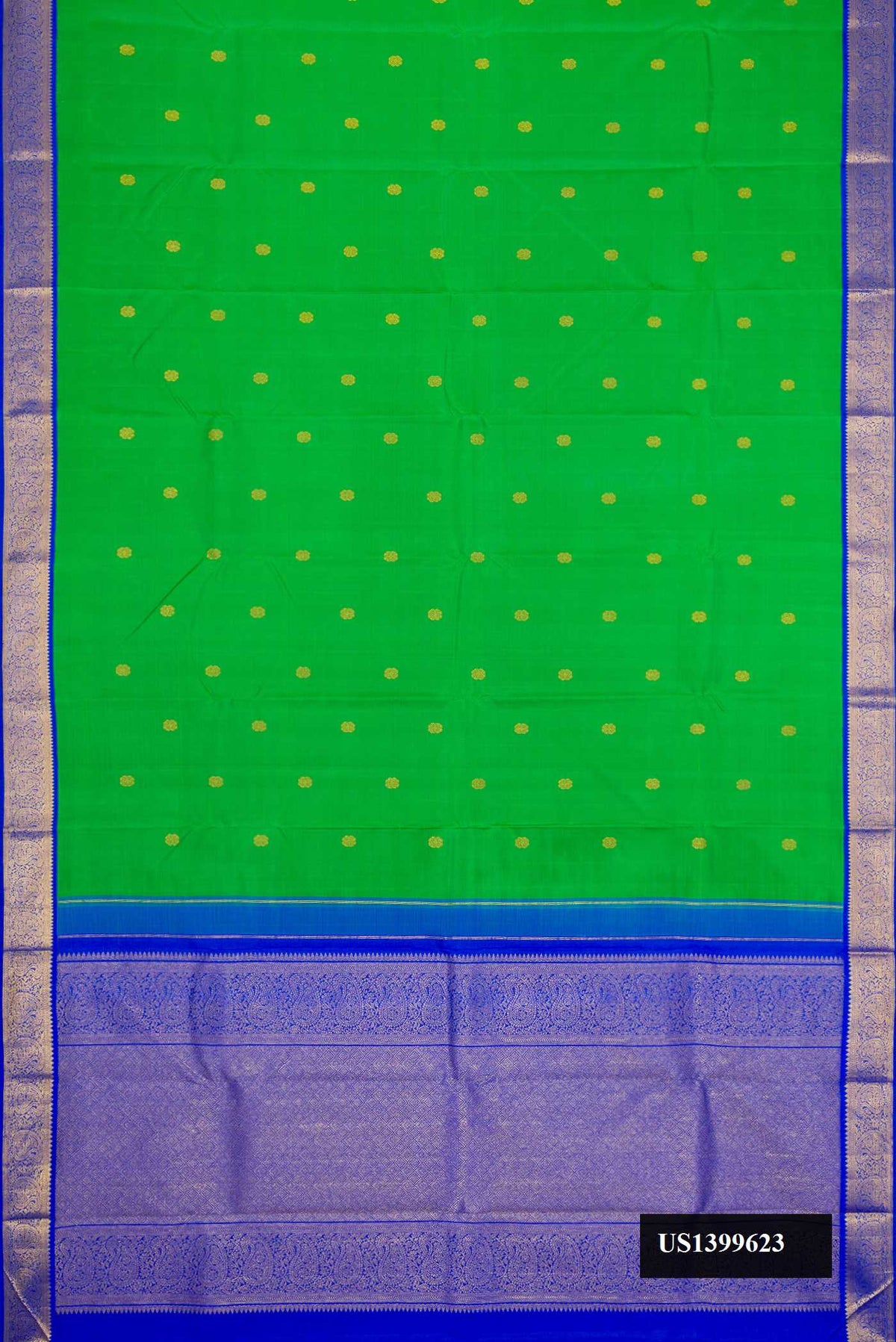 Parrot Green Dual Tone Kanchipuram Silk Saree with Zari Butta on the body and Zari Border.  displayed on a mannequin