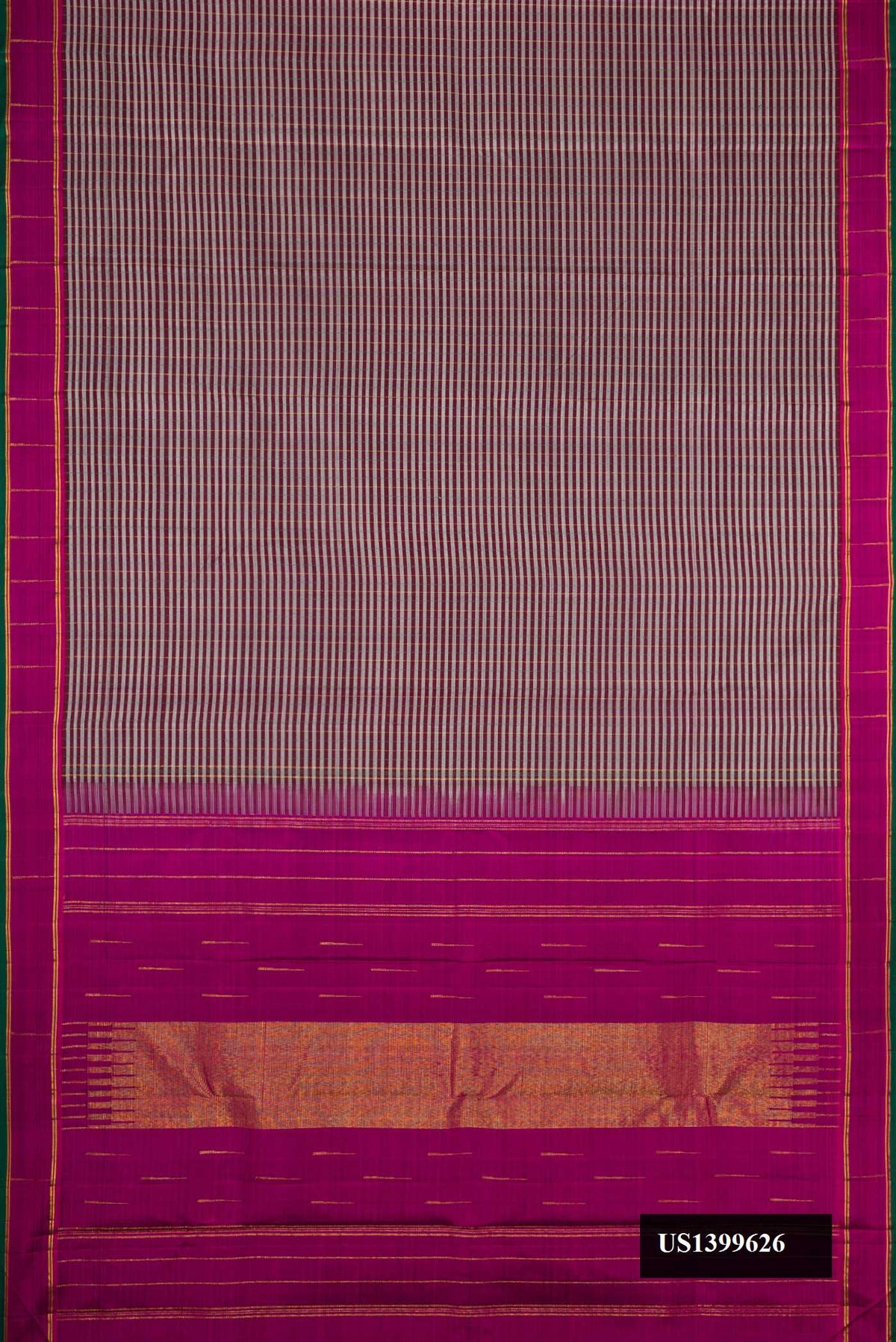 Blue Grey Dual Tone Kanchipuram Silk Saree with Stripes on the body and Zari Border.  displayed on a mannequin