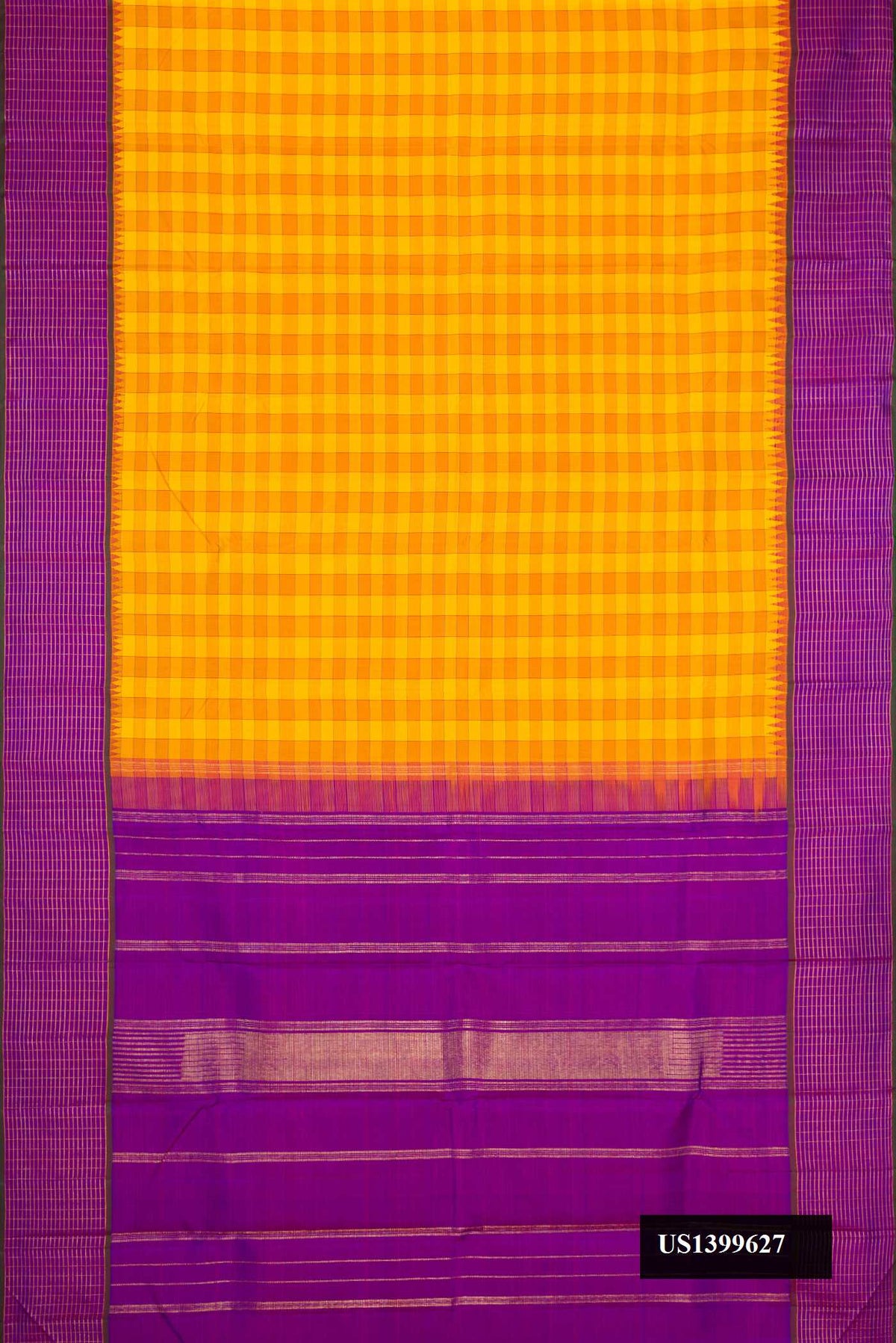 Mustard Dual Tone Kanchipuram Silk Saree with Checked design on the body and Checks Border.  displayed on a mannequin