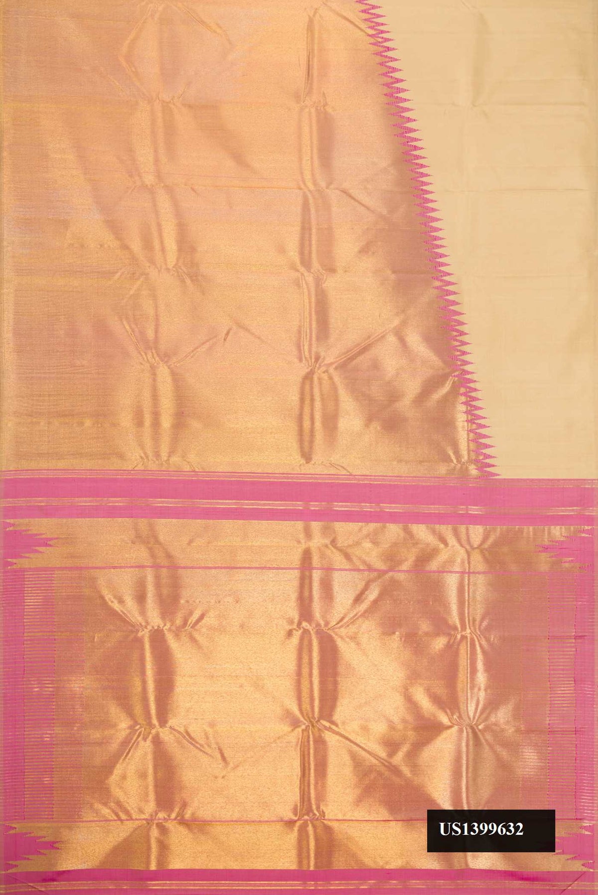 Beige Dual Tone Kanchipuram Silk Saree with Plain Body and Rising Temple Border.  displayed on a mannequin