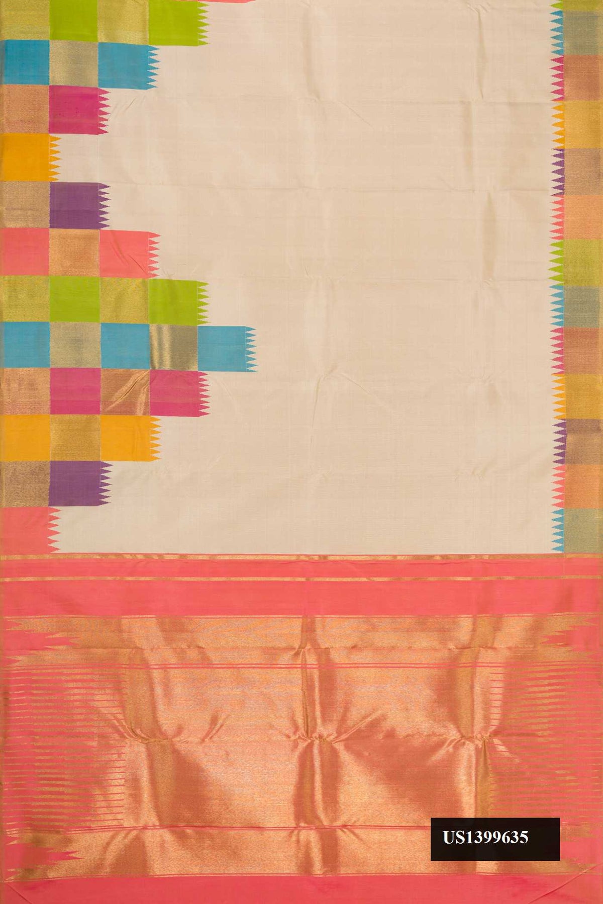 Sandal Dual Tone Kanchipuram Silk Saree with Plain Body and Fancy Border.  displayed on a mannequin