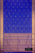 Royal Blue Dual Tone Kanchipuram Silk Saree with Stripes on the body and Zari Border.  displayed on a mannequin