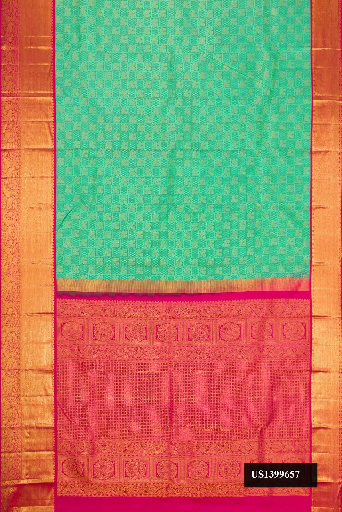 Green Dual Tone Kanchipuram Silk Saree with Zari Brocade on the body and Zari Border.  displayed on a mannequin