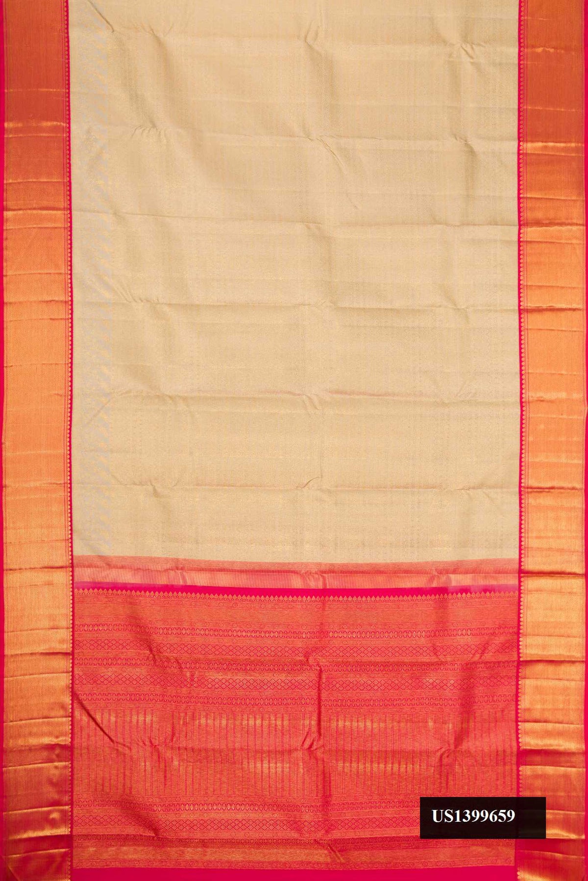 Dark Beige Dual Tone Kanchipuram Silk Saree with Zari Brocade on the body and Zari Border.  displayed on a mannequin