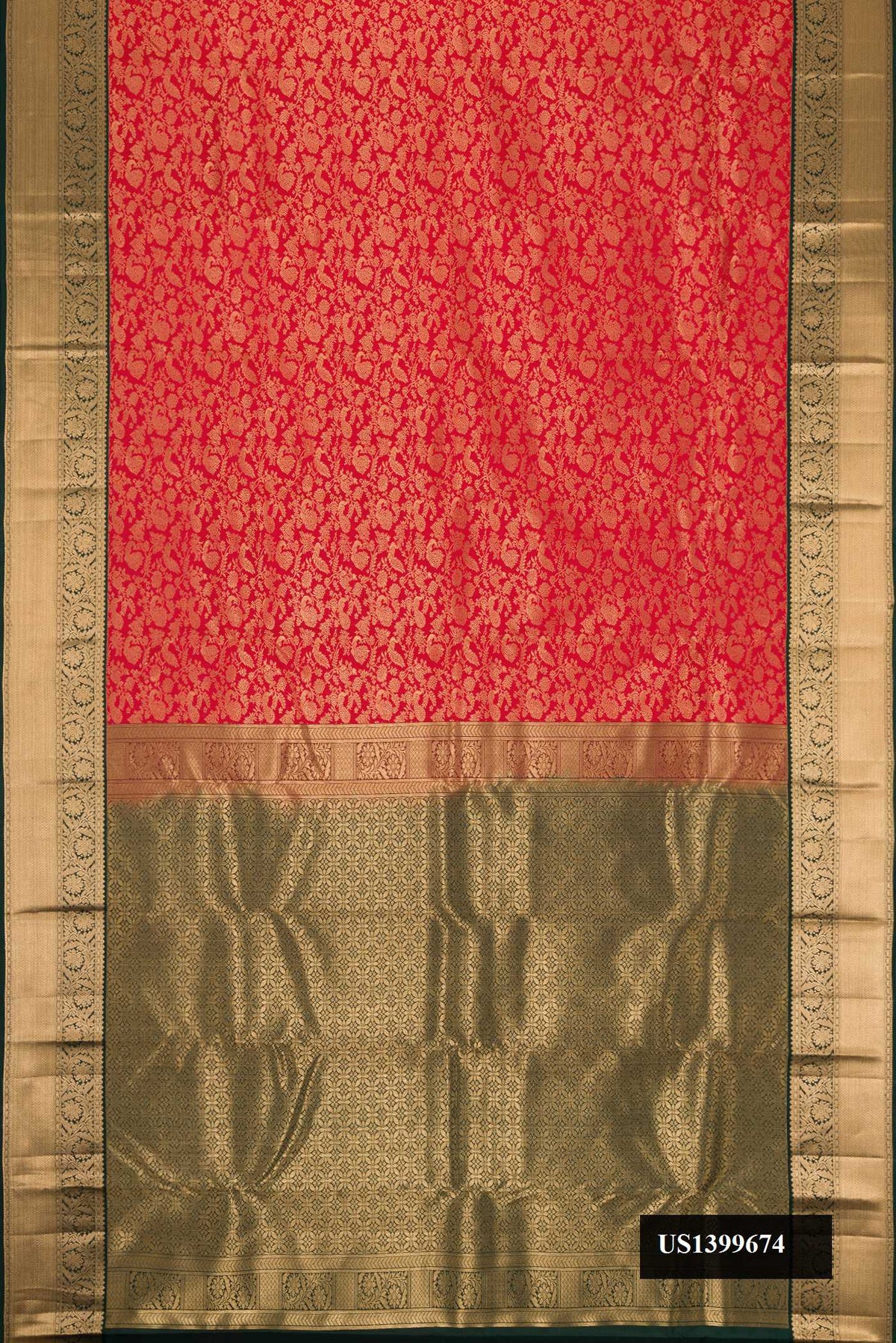 Red Dual Tone Kanchipuram Silk Saree with Zari Brocade on the body and Zari Border.  displayed on a mannequin