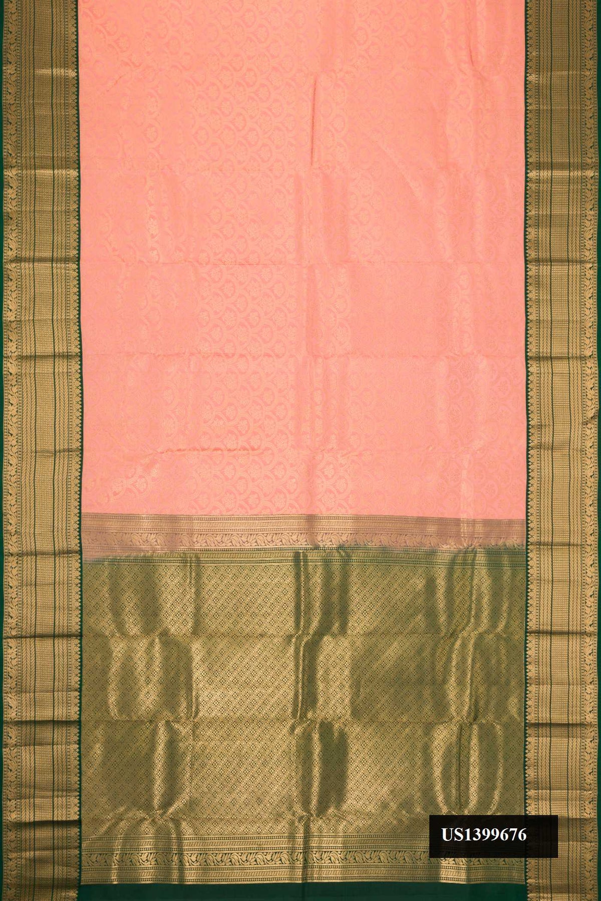 Golden Peach Dual Tone Kanchipuram Silk Saree with Zari Brocade on the body and Zari Border.  displayed on a mannequin