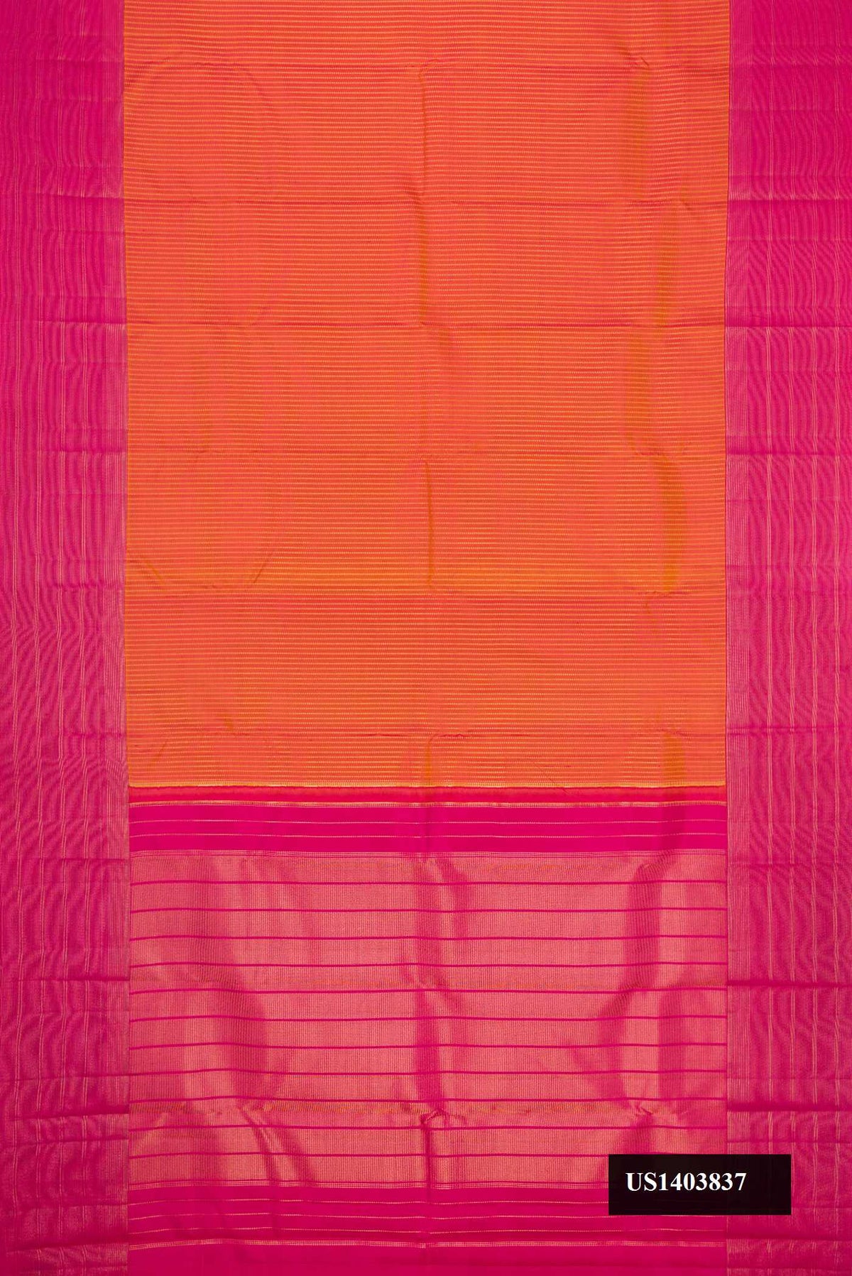 Mustard Dual Tone Kanchipuram Silk Saree with Stripes on the body and Zari Border.  displayed on a mannequin