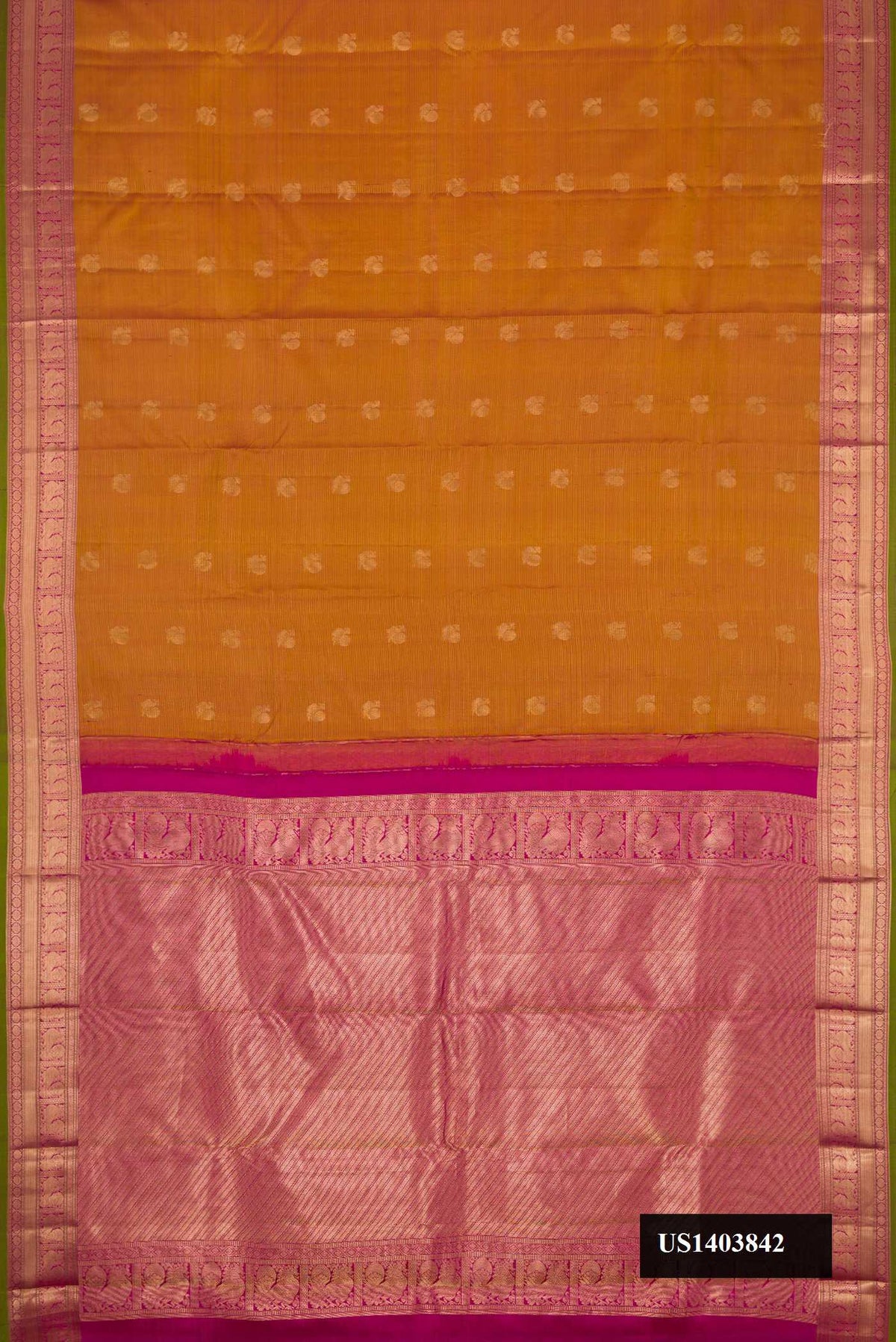 Mustard Dual Tone Kanchipuram Silk Saree with Stripes on the body and Zari Border.  displayed on a mannequin