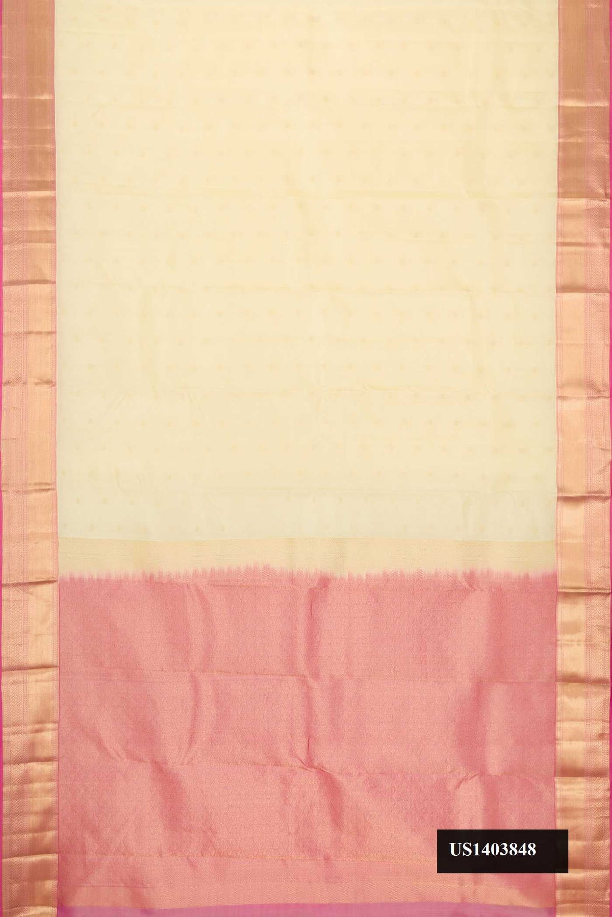 Sandal Dual Tone Kanchipuram Silk Saree with Zari Butta on the body and Zari Border.  displayed on a mannequin