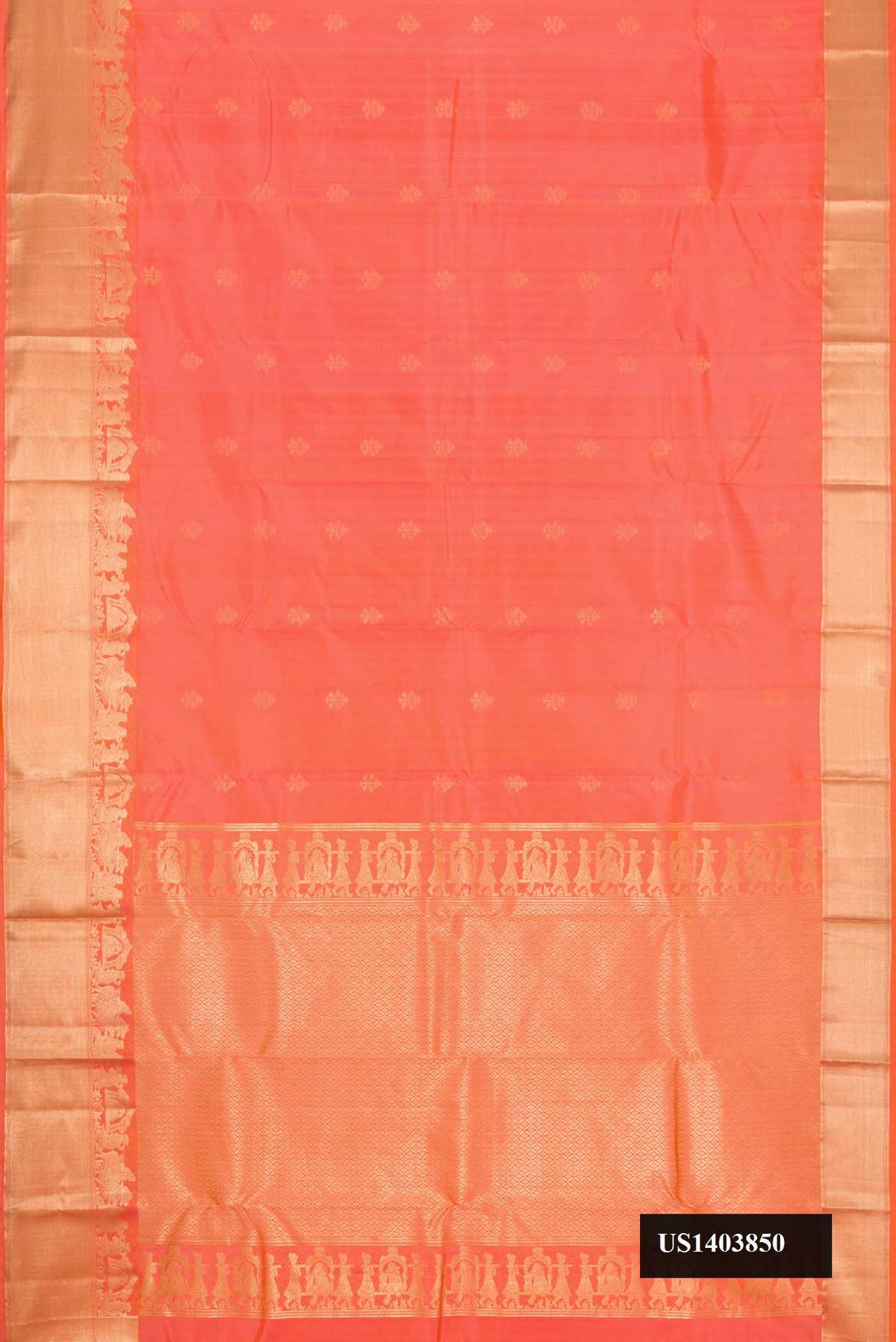 Golden Peach Dual Tone Kanchipuram Silk Saree with Zari Butta on the body and Zari Border.  displayed on a mannequin