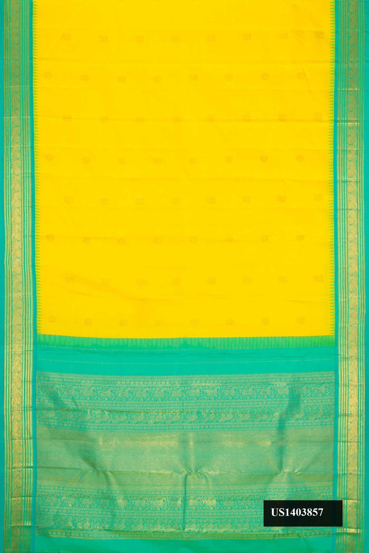 Yellow Dual Tone Kanchipuram Silk Saree with Zari Butta on the body and Zari Border.  displayed on a mannequin