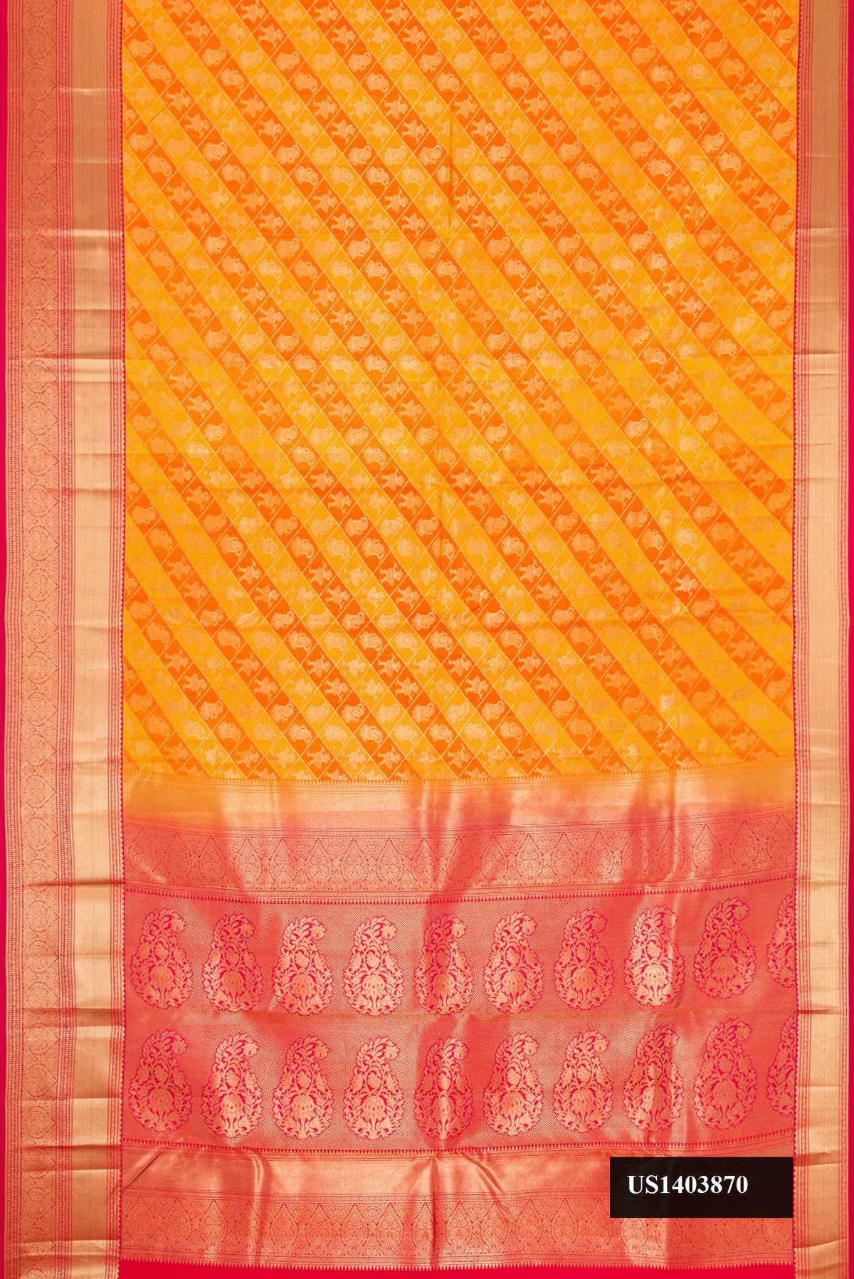 Orange Dual Tone Kanchipuram Silk Saree with Zari Brocade on the body and Zari Border.  displayed on a mannequin