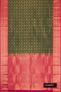 Bottle Green Dual Tone Kanchipuram Silk Saree with Zari Brocade on the body and Zari Border.  displayed on a mannequin