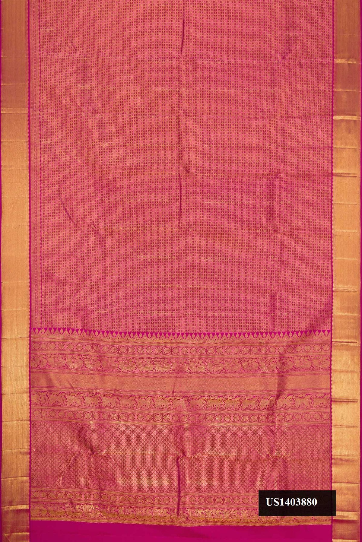 Magenta Dual Tone Kanchipuram Silk Saree with Zari Brocade on the body and Zari Border.  displayed on a mannequin