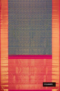 Peacock Blue Dual Tone Kanchipuram Silk Saree with Zari Brocade on the body and Zari Border.  displayed on a mannequin