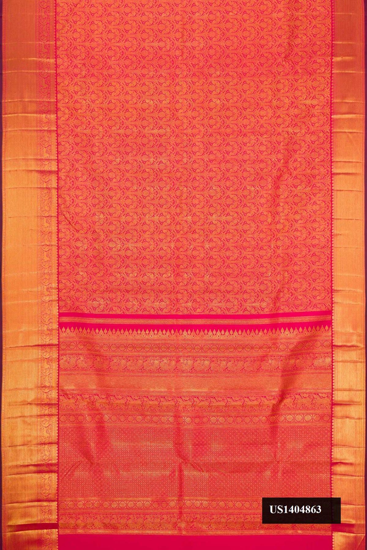 Dark Pink Dual Tone Kanchipuram Silk Saree with Zari Brocade on the body and Zari Border.  displayed on a mannequin